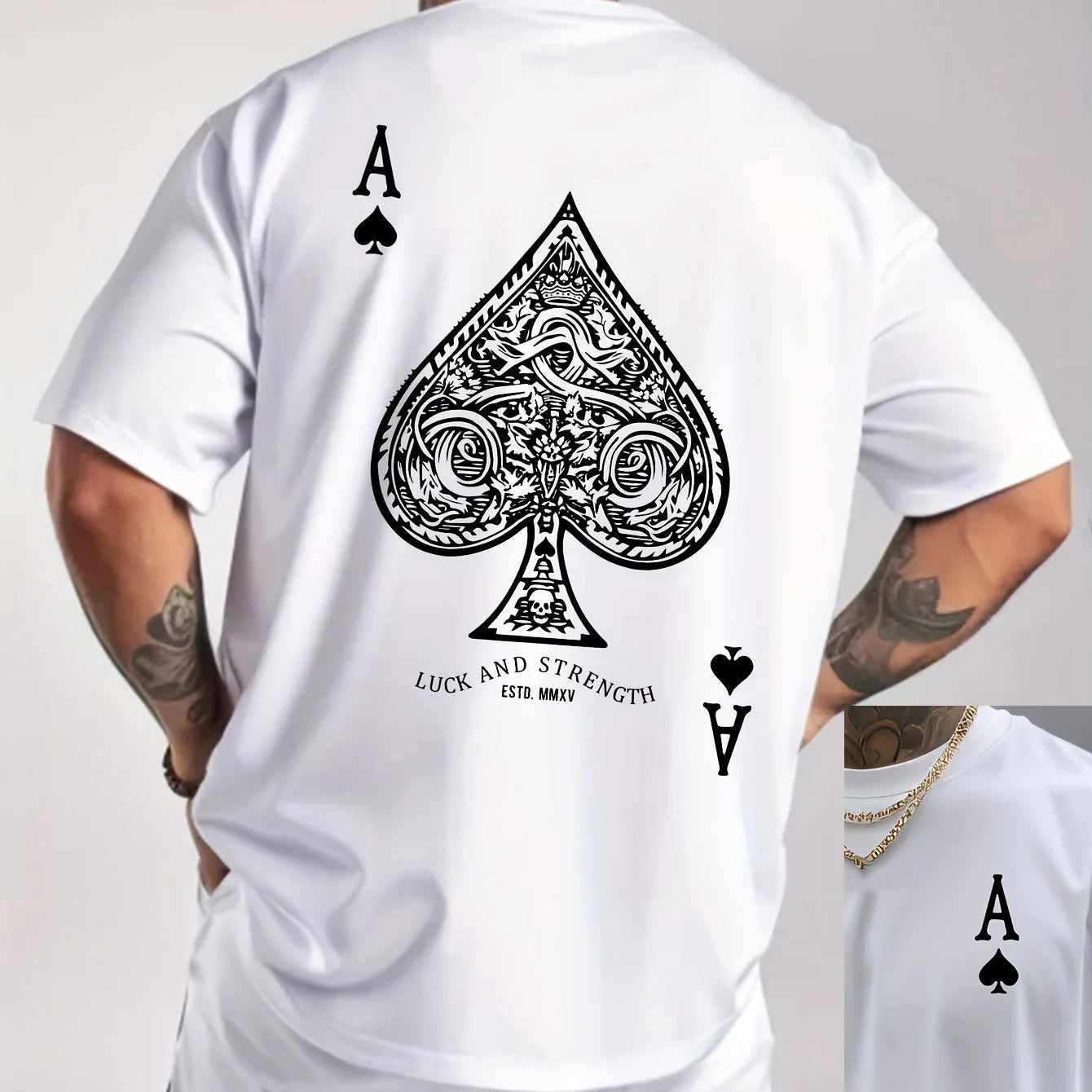 Summer men's 100% pure cotton casual sports loose oversized retro spade A printed comfortable round neck short sleeved T-shirt