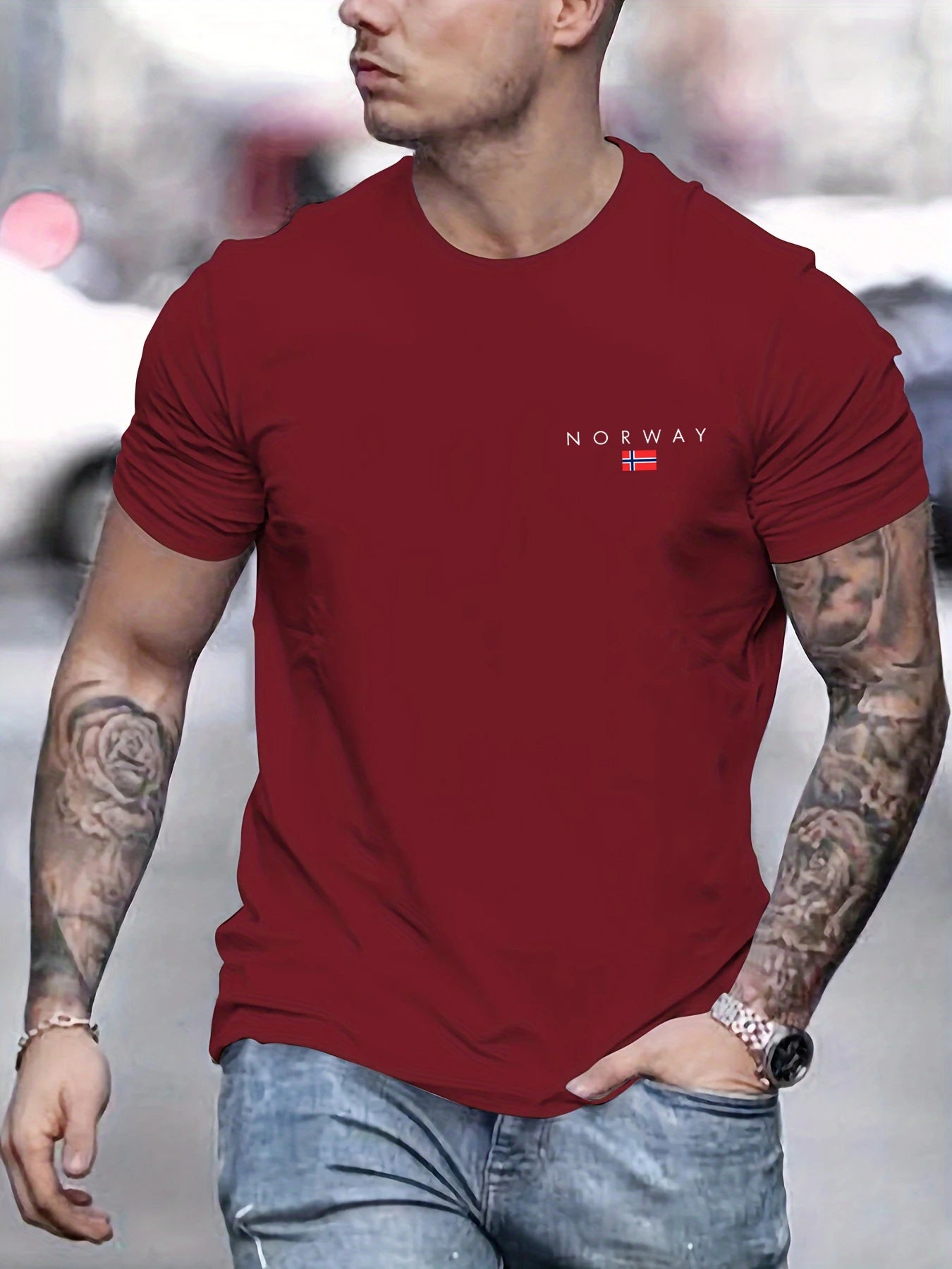 Men's summer 100% pure cotton fashionable sports casual loose NORWAY pattern printed round neck short sleeved T-shirt top