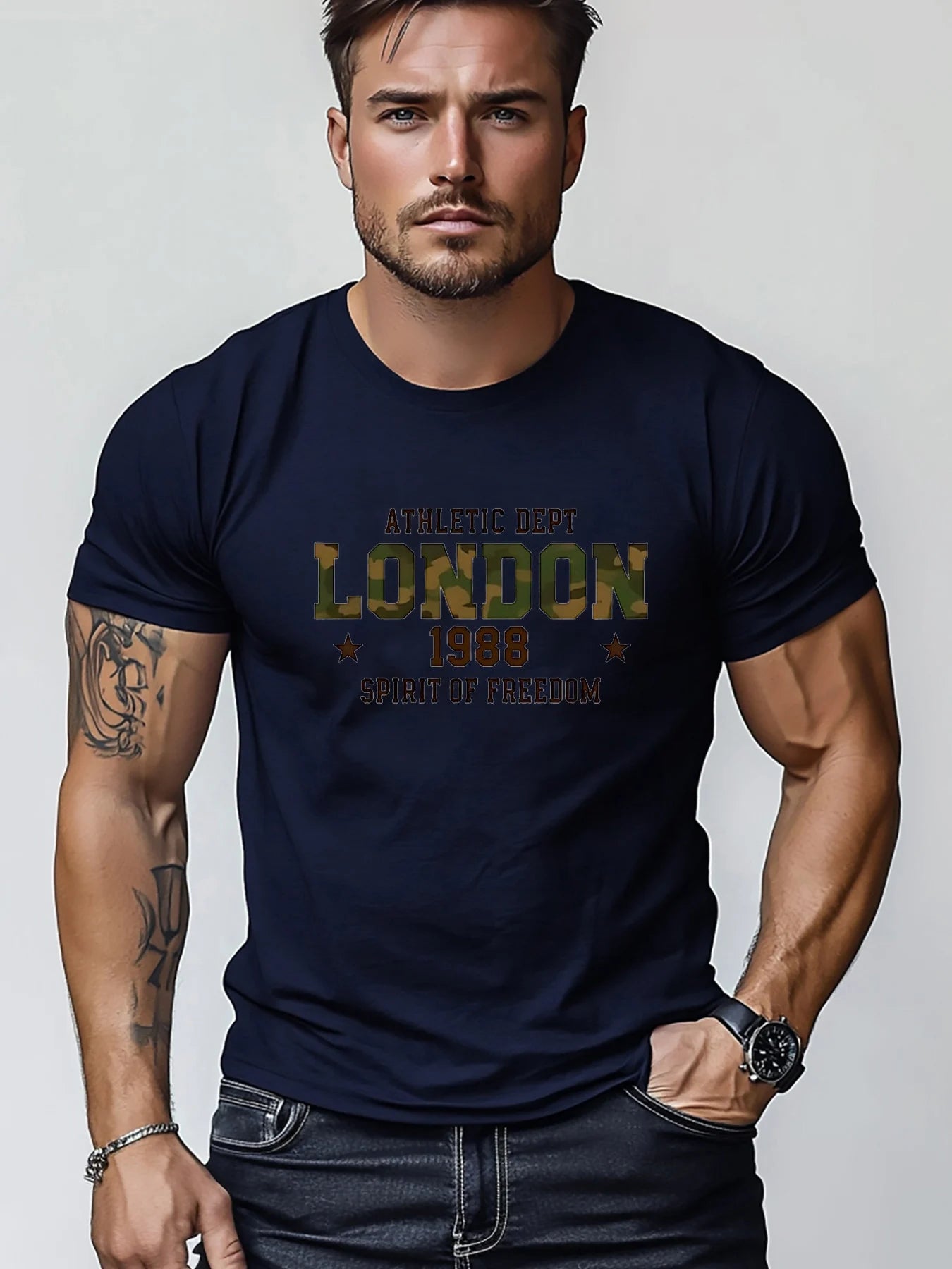 Men's Summer 100% Cotton Fashion Casual Loose London 1988 Pattern Printed Sports Round Neck Short Sleeve T-shirt Top
