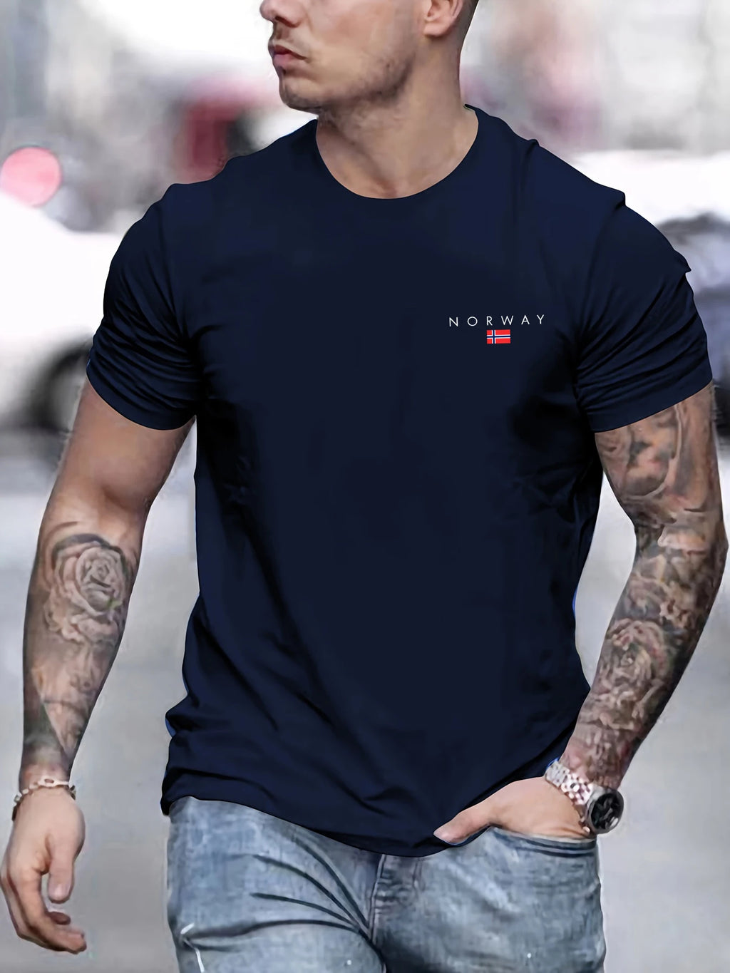Men's summer 100% pure cotton fashionable sports casual loose NORWAY pattern printed round neck short sleeved T-shirt top