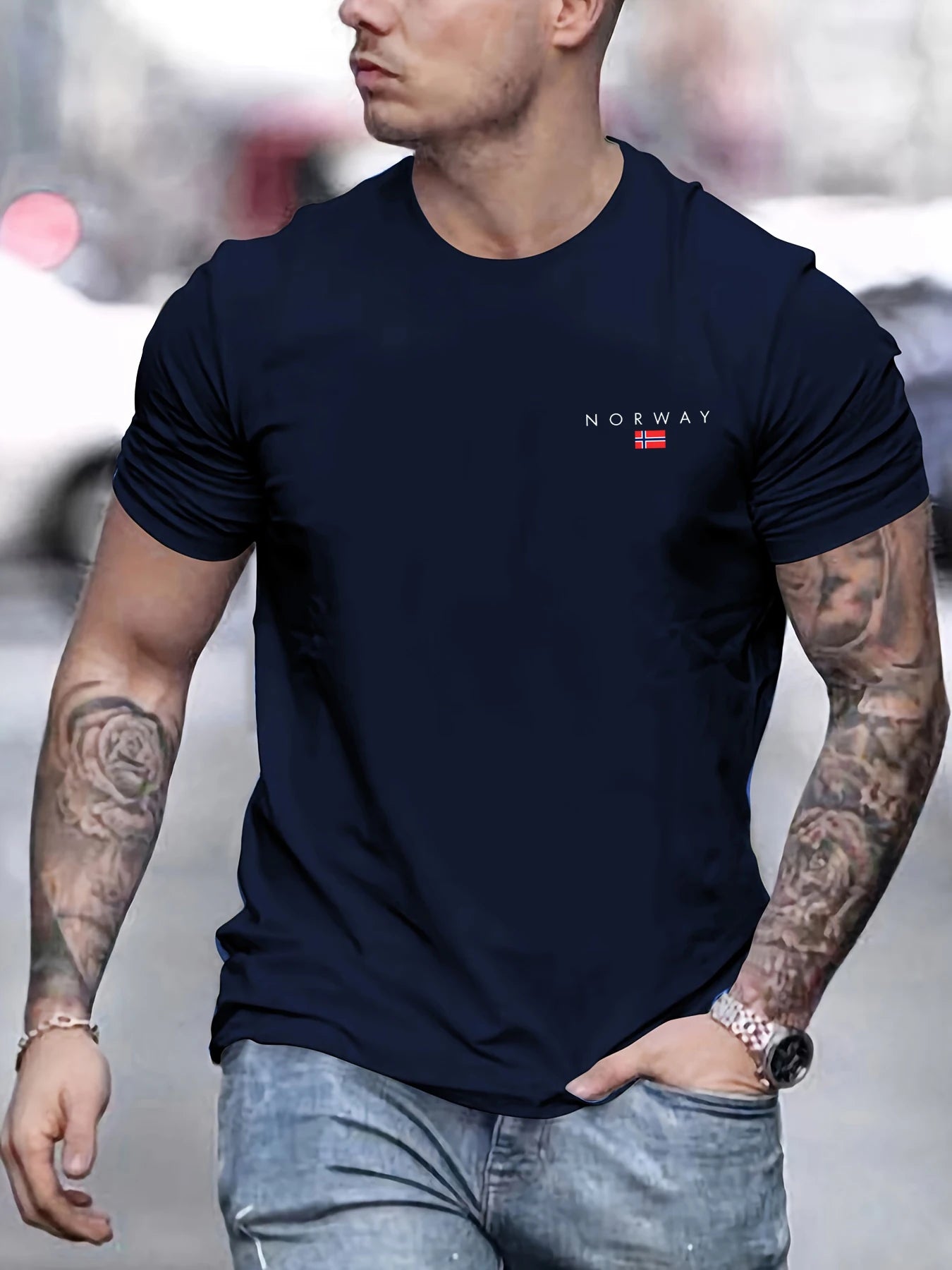 Men's summer 100% pure cotton fashionable sports casual loose NORWAY pattern printed round neck short sleeved T-shirt top