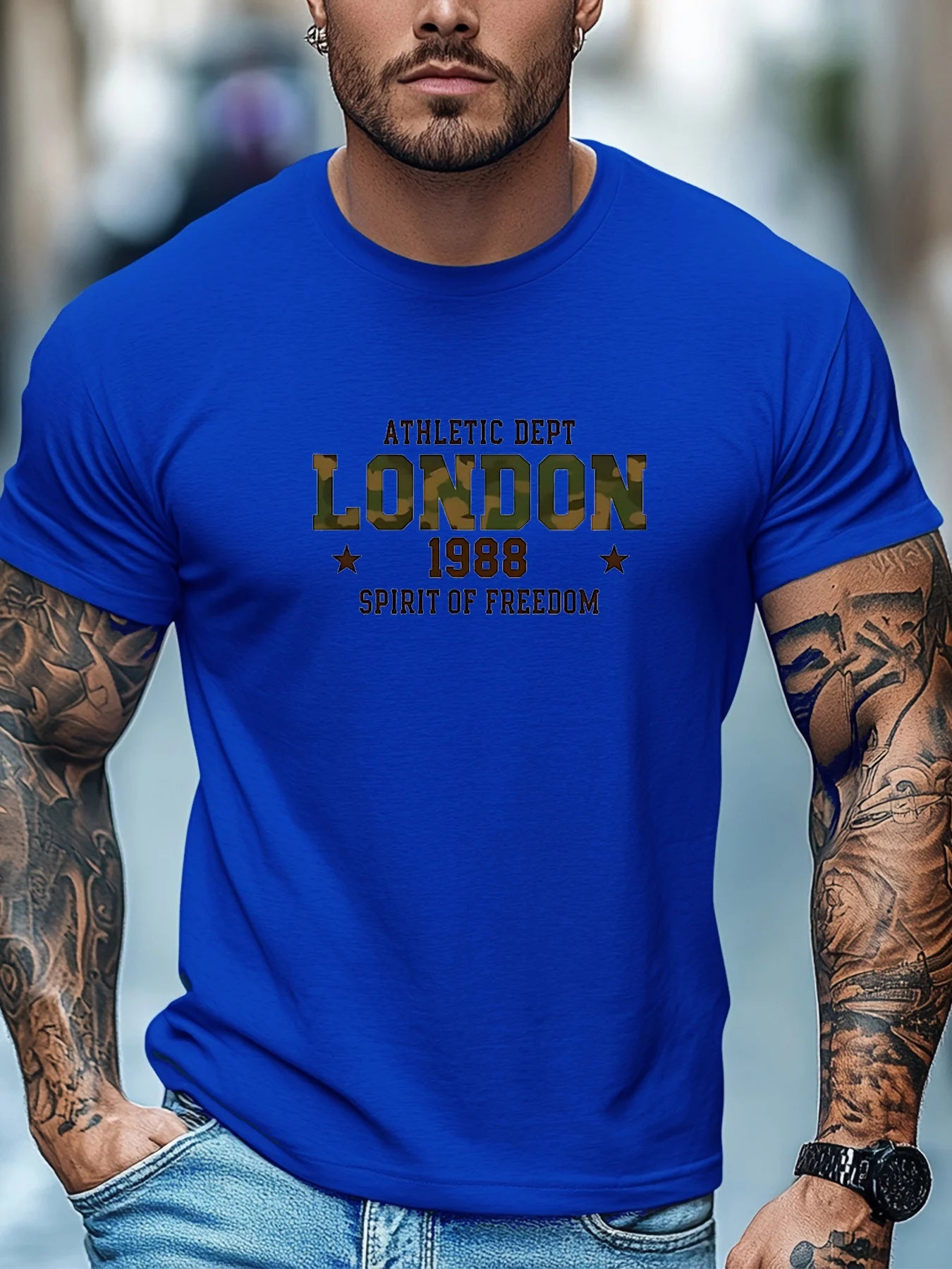 Men's Summer 100% Cotton Fashion Casual Loose London 1988 Pattern Printed Sports Round Neck Short Sleeve T-shirt Top