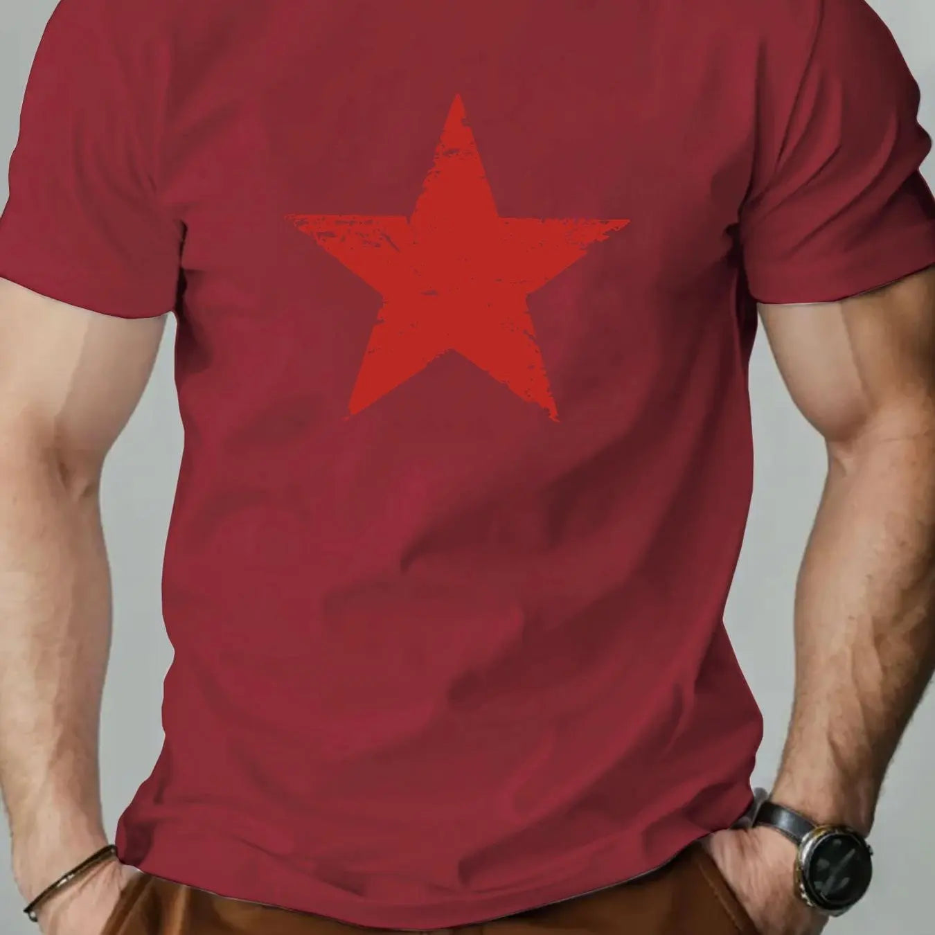 Men's summer 100% pure cotton fashionable casual loose red star pattern printed collar short sleeved T-shirt top