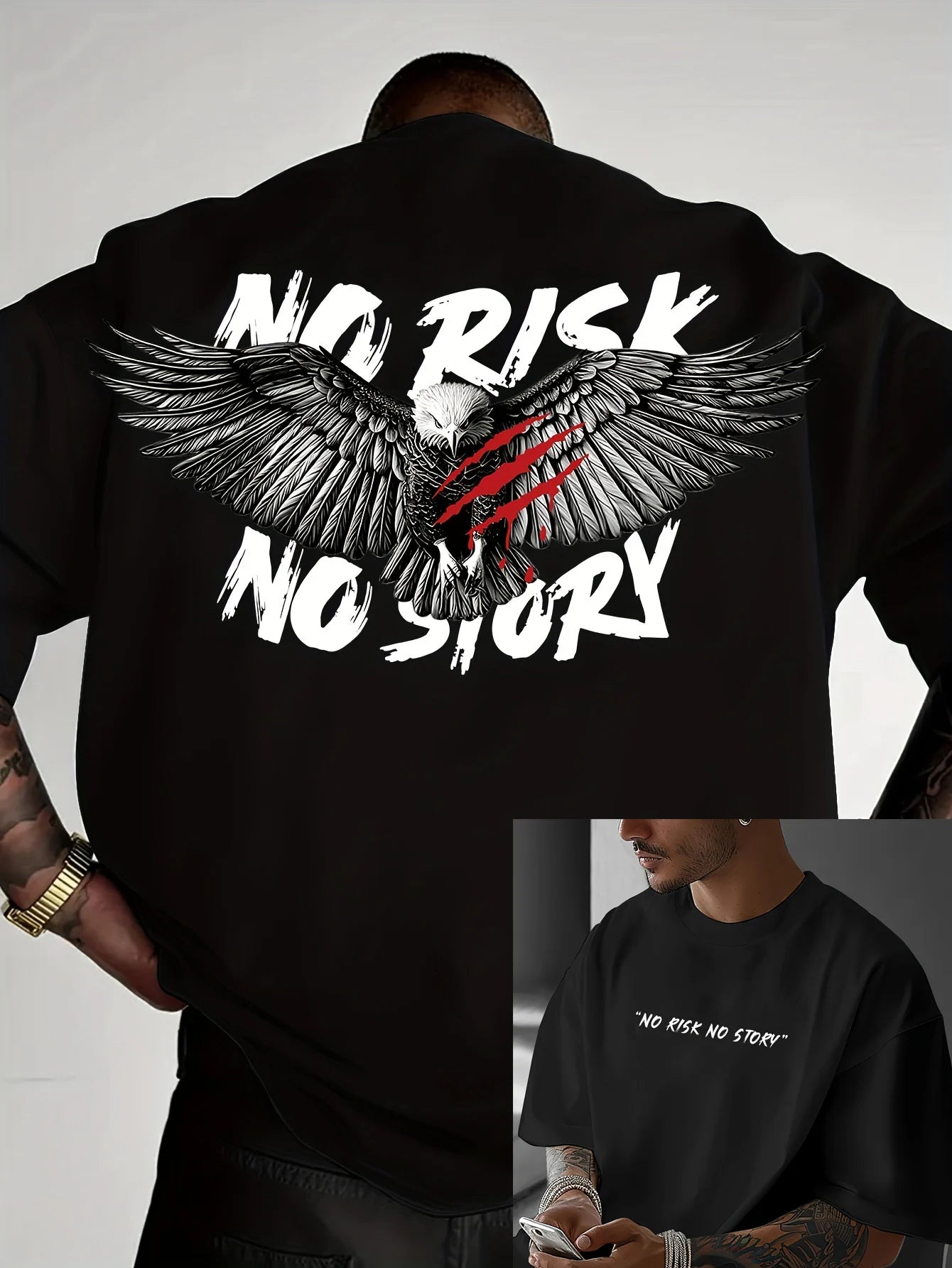 Men's summer 100% pure cotton fashionable casual loose eagle no story slogan printed round neck short sleeved T-shirt top
