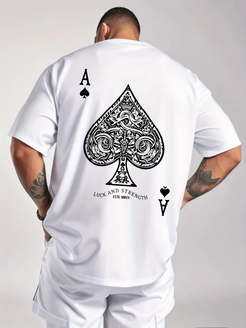 Summer men's 100% pure cotton casual sports loose oversized retro spade A printed comfortable round neck short sleeved T-shirt