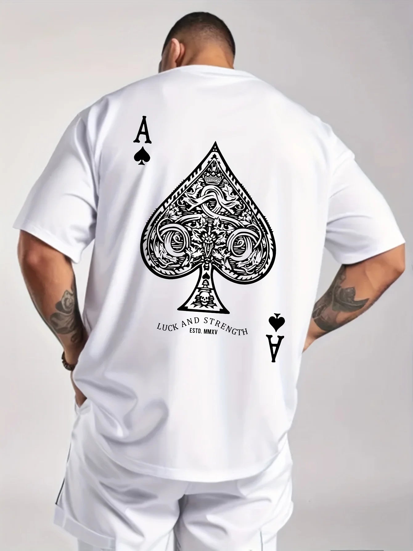 Summer men's 100% pure cotton casual sports loose oversized retro spade A printed comfortable round neck short sleeved T-shirt