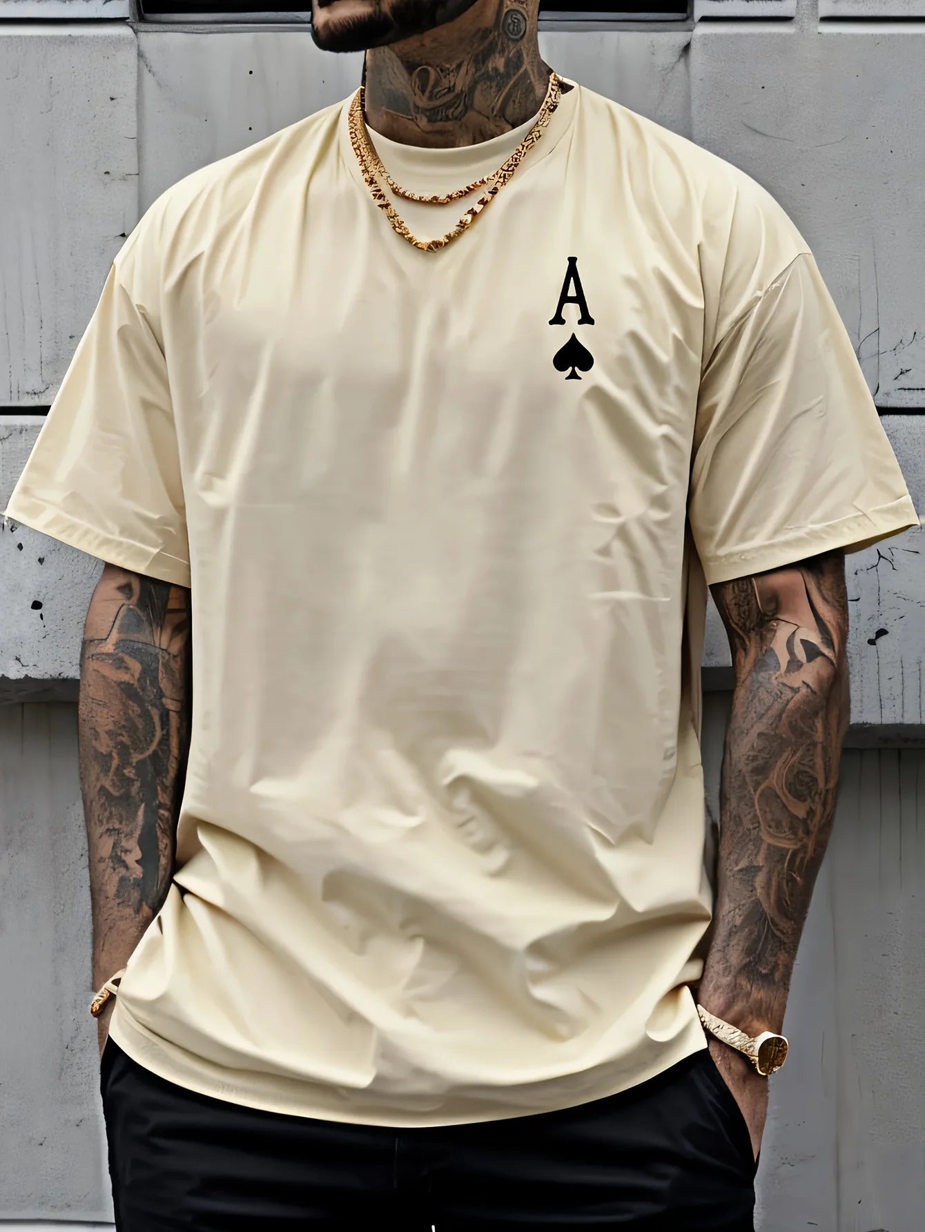 Summer men's 100% pure cotton casual sports loose oversized retro spade A printed comfortable round neck short sleeved T-shirt