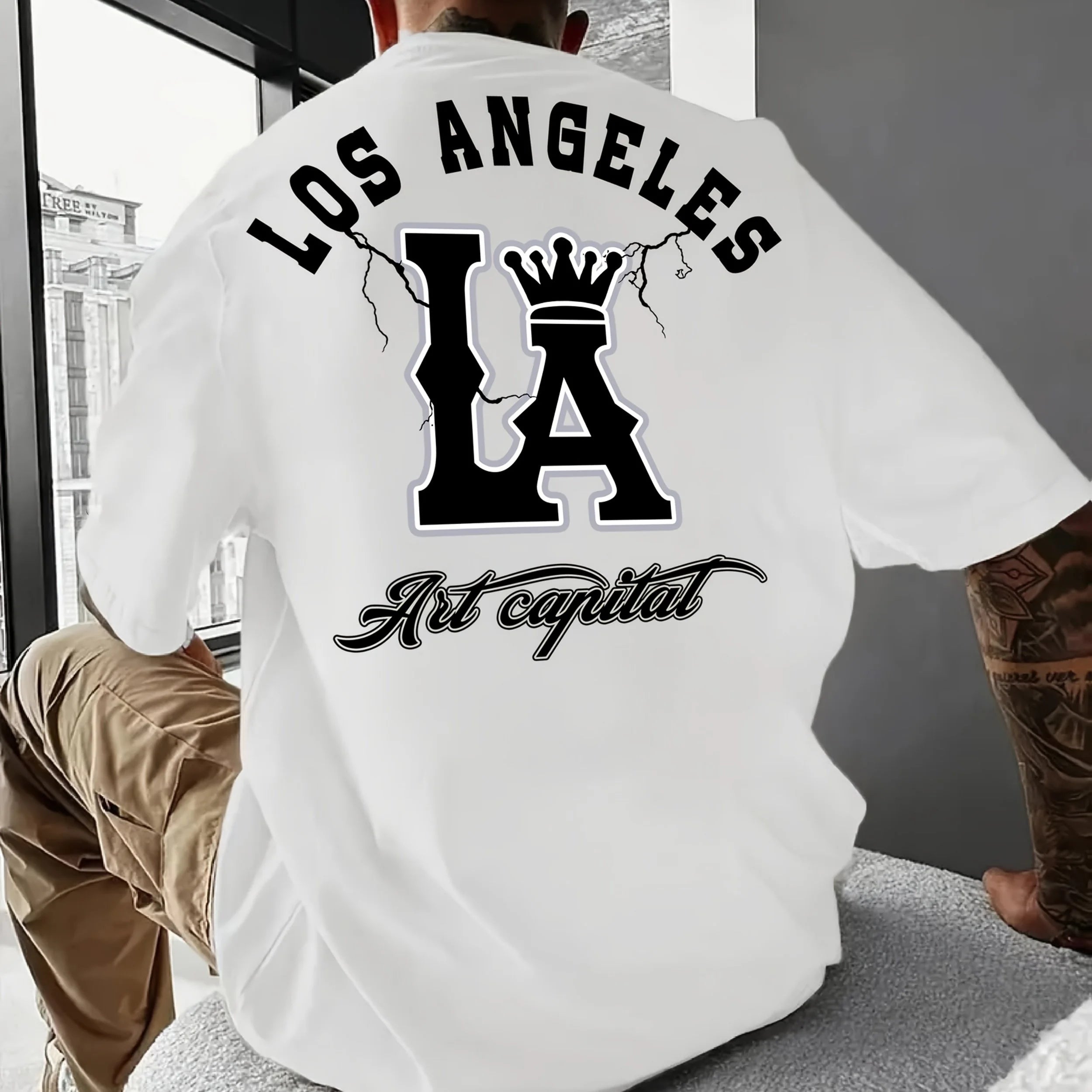 Men's Summer 100% Cotton Fashionable Casual Loose Large Size Los Angeles Letter Printed Round Neck Short Sleeve T-shirt Top