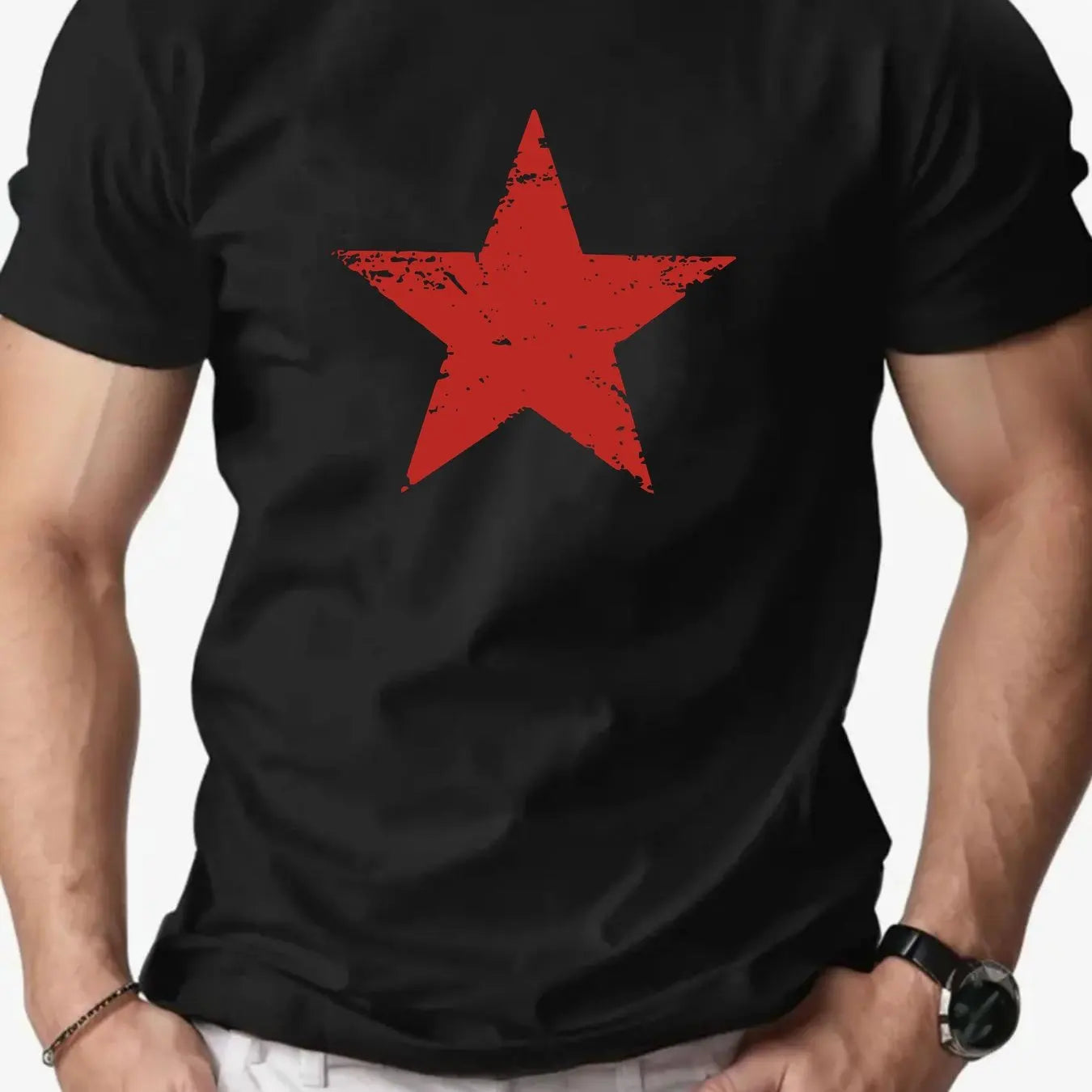 Men's summer 100% pure cotton fashionable casual loose red star pattern printed collar short sleeved T-shirt top