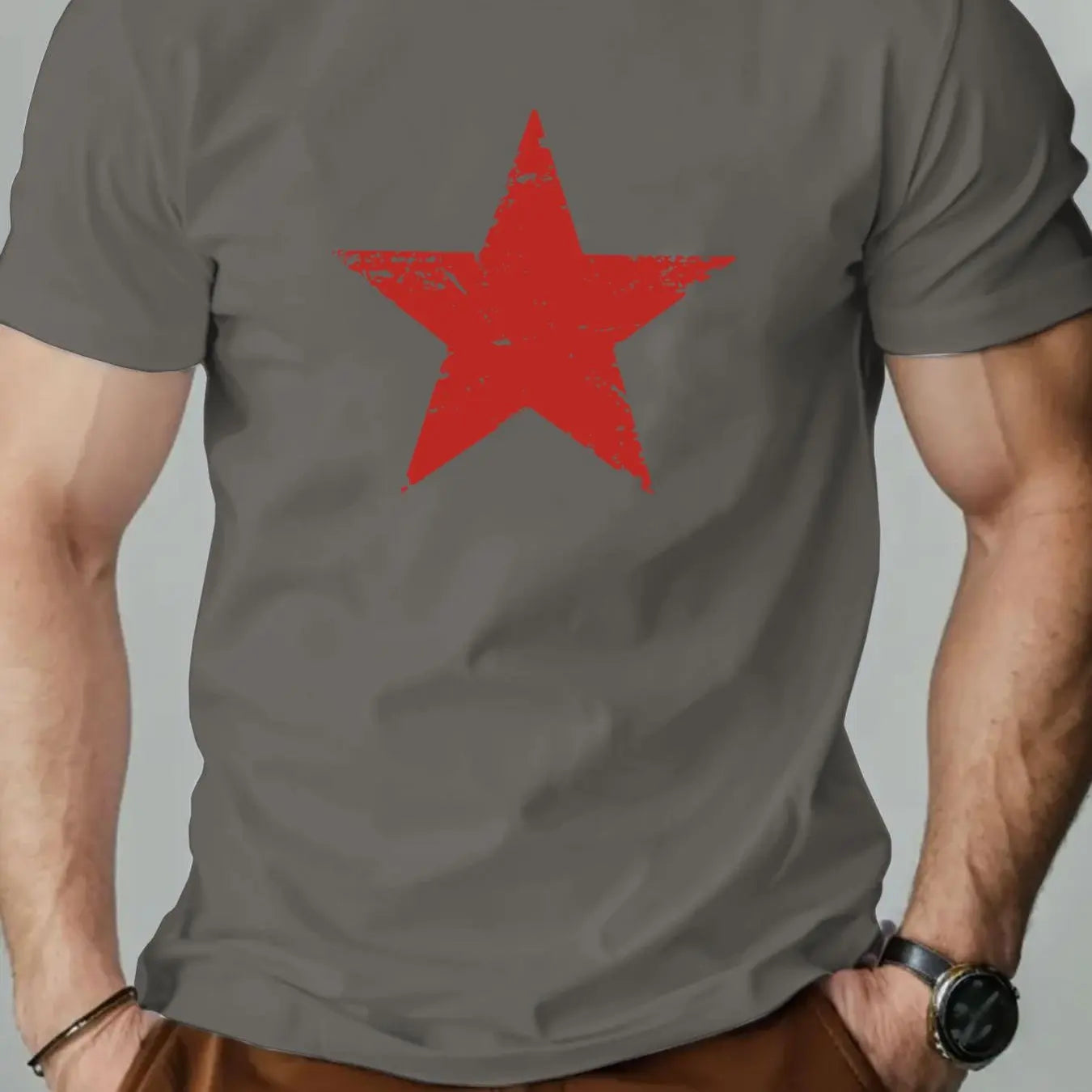 Men's summer 100% pure cotton fashionable casual loose red star pattern printed collar short sleeved T-shirt top