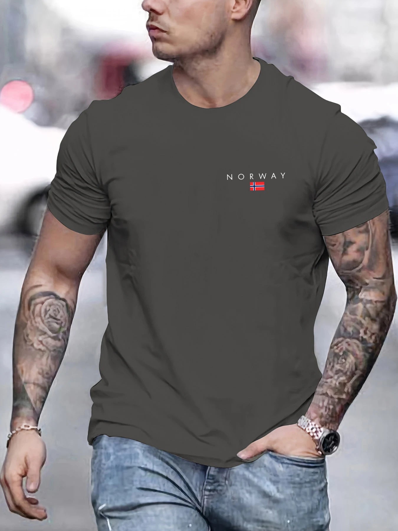 Men's summer 100% pure cotton fashionable sports casual loose NORWAY pattern printed round neck short sleeved T-shirt top