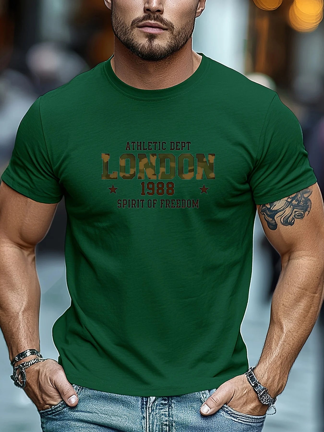 Men's Summer 100% Cotton Fashion Casual Loose London 1988 Pattern Printed Sports Round Neck Short Sleeve T-shirt Top