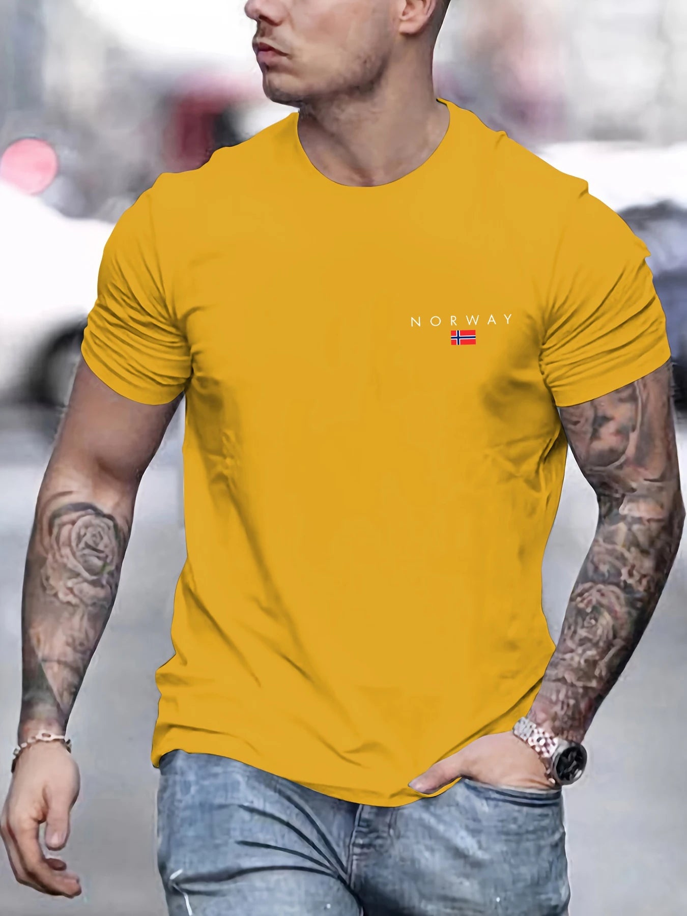 Men's summer 100% pure cotton fashionable sports casual loose NORWAY pattern printed round neck short sleeved T-shirt top